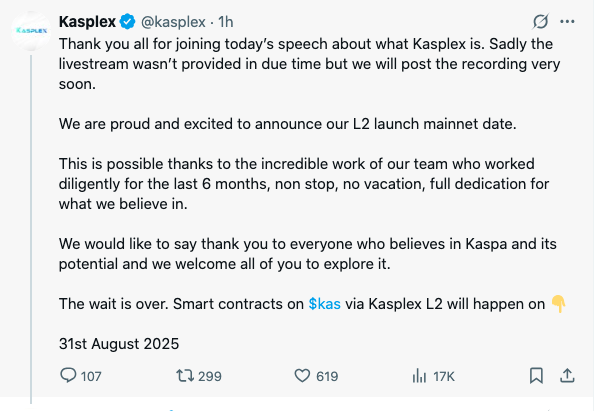 Tanggal Peluncuran Mainnet Kasplex L2 Resmi Diumumkan: Smart Contract di Kaspa Segera Hadir!
